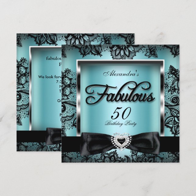 Fabulous 50 Party Teal Blue Damask Black Snöre Inbjudningar (Fram/baksida)