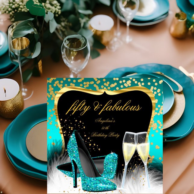Fabulous 50 Party Teal Guld Champagne Glitter Heel Inbjudningar (Skapare uppladdad)
