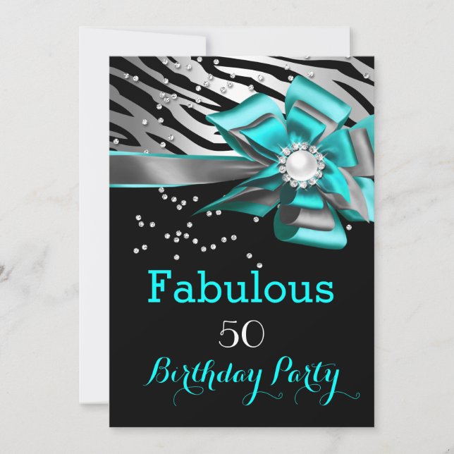 Fabulous 50 Party Teal Zebra Black Silver Pearl Inbjudningar (Framsida)