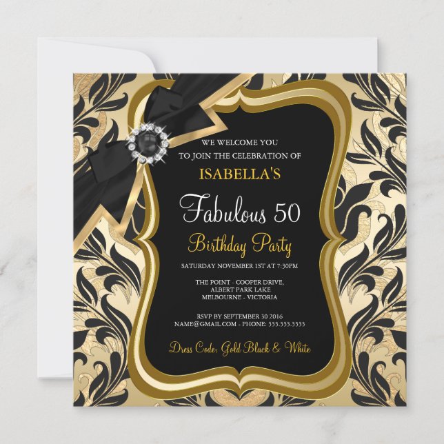 Fabulous 50 Pearl Guld Bow Black Damask Inbjudan (Framsida)