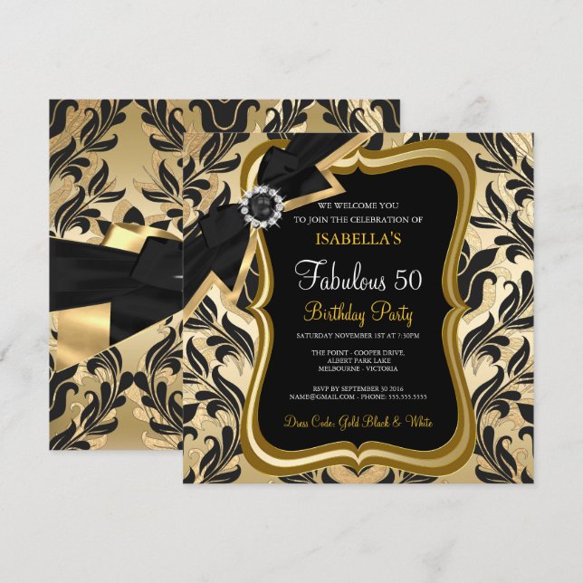 Fabulous 50 Pearl Guld Bow Black Damask Inbjudan (Fram/baksida)