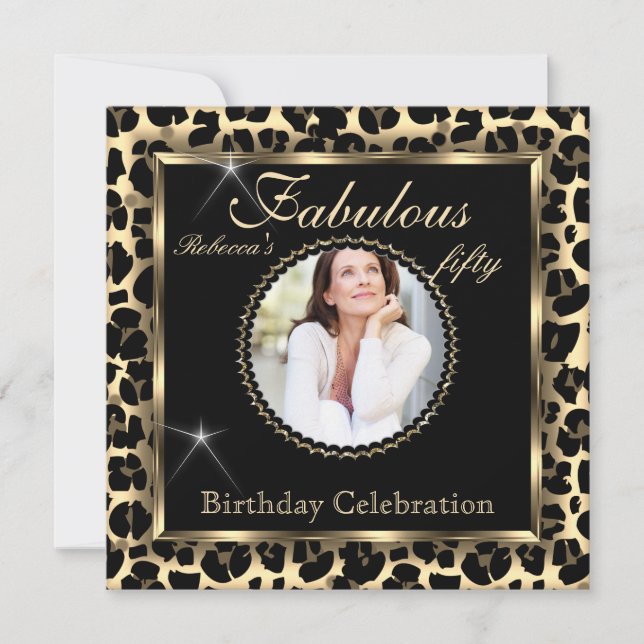 Fabulous 50 Photo Black Bronze Leopard Birthday Inbjudningar (Framsida)