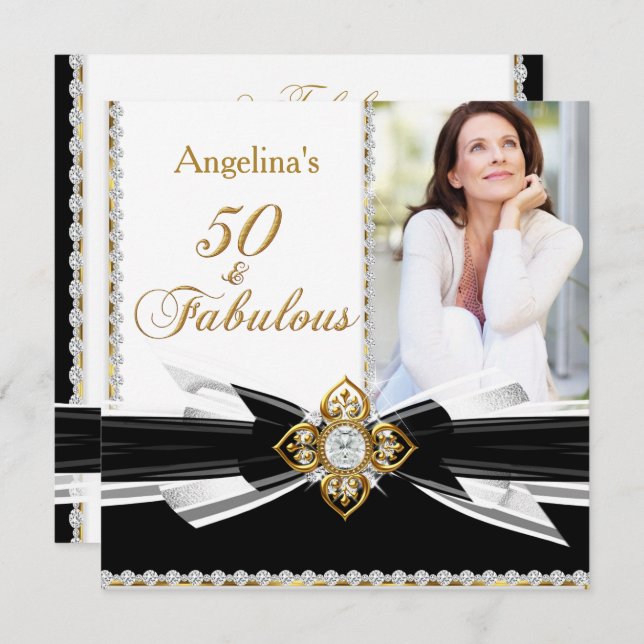 Fabulous 50 Photo Black White Guld Födelsedagsfest Inbjudningar (Fram/baksida)