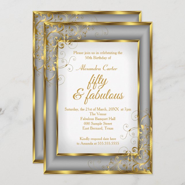 Fabulous 50 Photo Guld grått silver födelsedagsfes Inbjudningar (Fram/baksida)