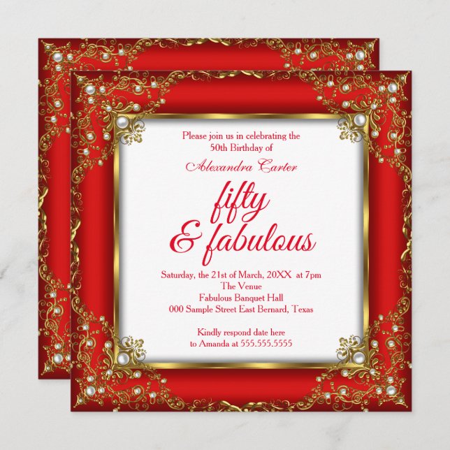 Fabulous 50 Photo Red Guld Pearl födelsedagsfest Inbjudningar (Fram/baksida)