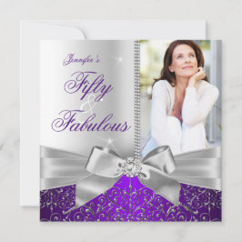 Fabulous 50 Photo Silver Lila Bow 50:e födelsedage Inbjudningar