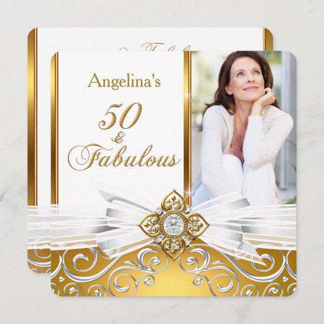 Fabulous 50 Photo White Guld Damask Födelsedagsfes Inbjudningar (Fram/baksida)