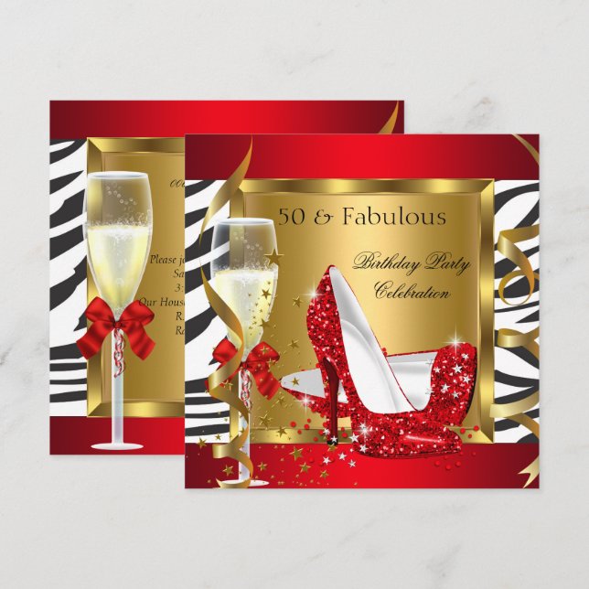 Fabulous 50 Red Glitter High Heel Zebra Champagne Inbjudningar (Fram/baksida)