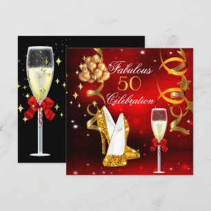 Fabulous 50 Red Gold High Heel Champagne Party 2 Inbjudningar