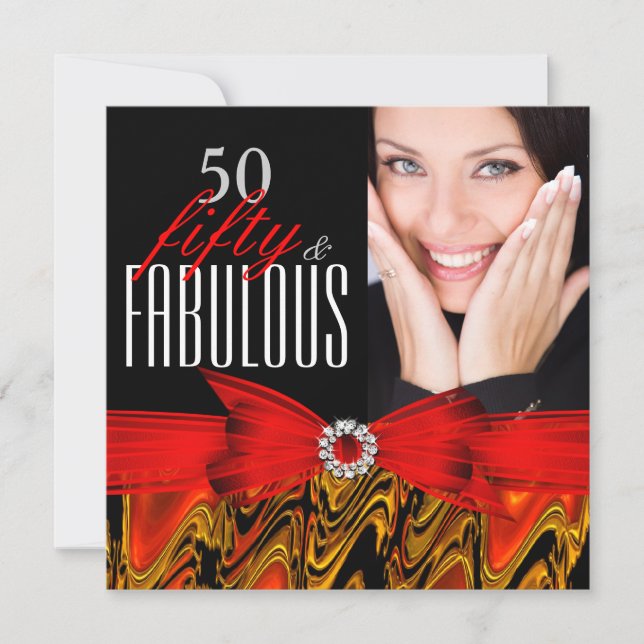Fabulous 50 Red Guld Black Photo Födelsedagsfest Inbjudningar (Framsida)