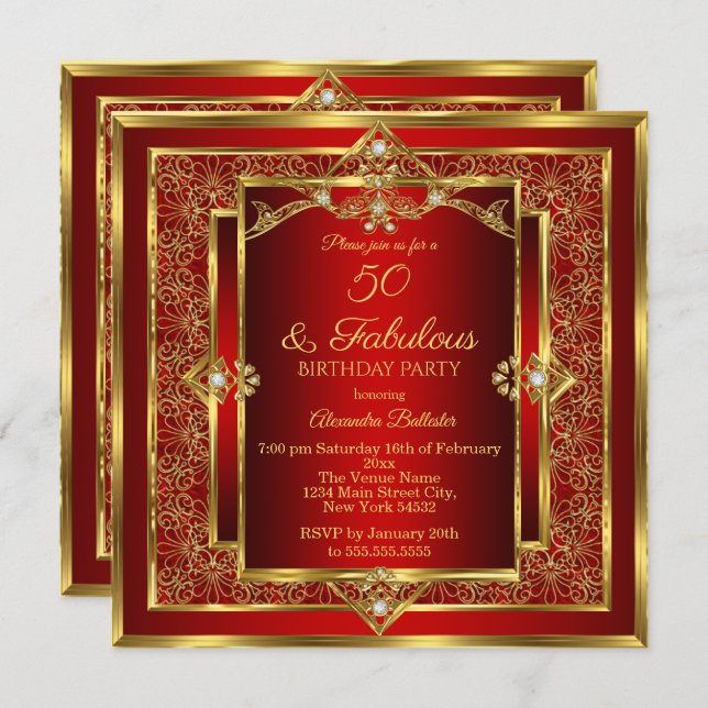 Fabulous 50 Red Guld Blommigt Födelsedagsfest Inbjudningar (Fram/baksida)