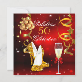 Fabulous 50 Red Guld High Heel Champagne Party 2 Inbjudningar