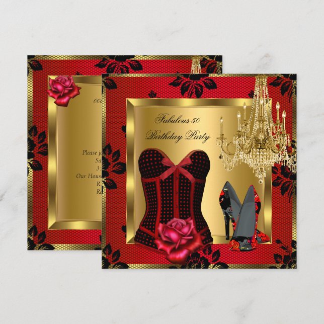Fabulous 50 Red Heels Chandelier Ro Snöre Corset Inbjudningar (Fram/baksida)