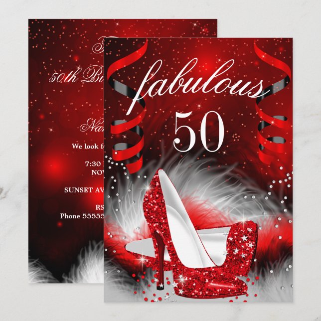 Fabulous 50 Red High Heel Födelsedagsfest Inbjudningar (Fram/baksida)