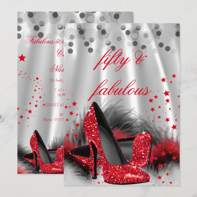 Fabulous 50 Red Högklackars Black Silver Birthday  Inbjudningar (Fram/baksida)