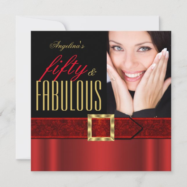Fabulous 50 Regal Red Guld Black Photo Birthday Inbjudningar (Framsida)