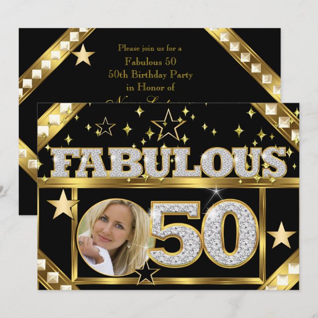 Fabulous 50 Retro Glamor Hollywood Guld Photo 4 Inbjudningar (Fram/baksida)
