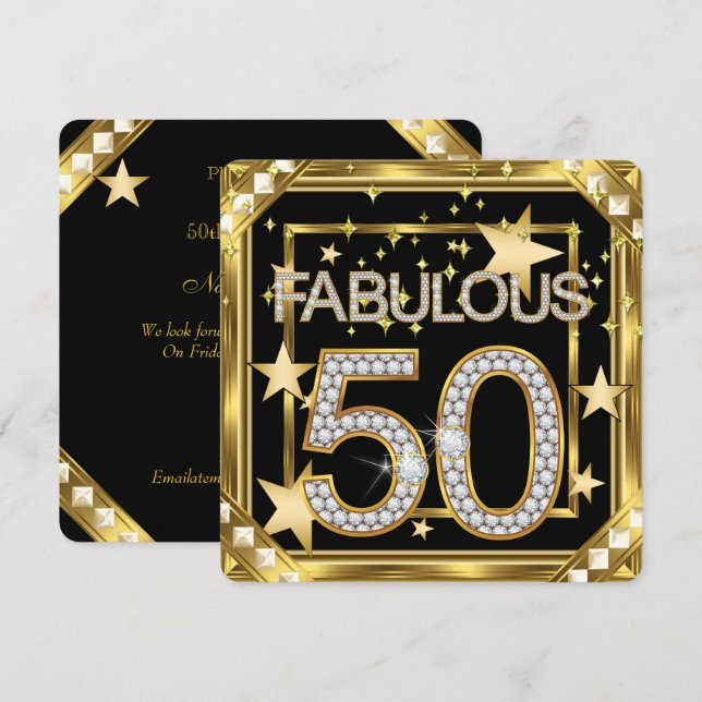 Fabulous 50 Retro Glamor Hollywood Guld Ram 2 Inbjudningar (Fram/baksida)