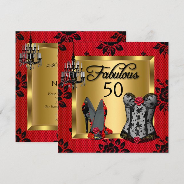 Fabulous 50 röda svarta klackar flirtig födelsedag inbjudningar (Fram/baksida)