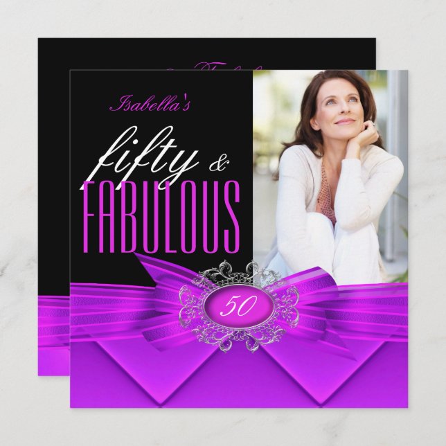 Fabulous 50 Rosa Lila Black Photo Födelsedagsfest Inbjudningar (Fram/baksida)