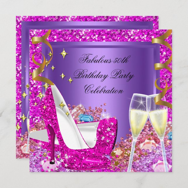 Fabulous 50 Rosa Lila Glitter Heels Birthday Inbjudningar (Fram/baksida)