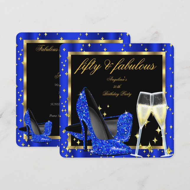 Fabulous 50 Royal Blue Champagne Heels Birthday Inbjudningar (Fram/baksida)