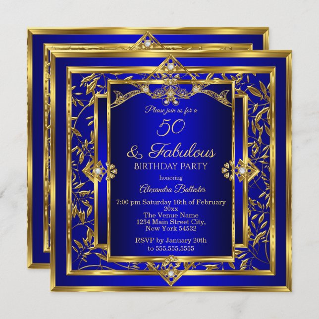 Fabulous 50 Royal Blue Guld Damask Födelsedagsfest Inbjudningar (Fram/baksida)