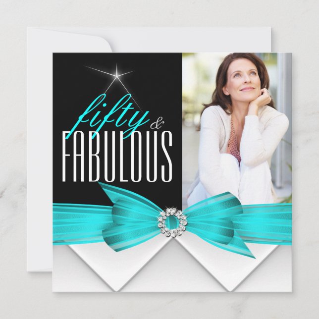 Fabulous 50 Teal Black Photo Elegant Birthday 2 Inbjudningar (Framsida)