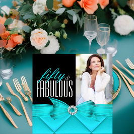 Fabulous 50 Teal Black Photo Elegant Birthday Inbjudningar