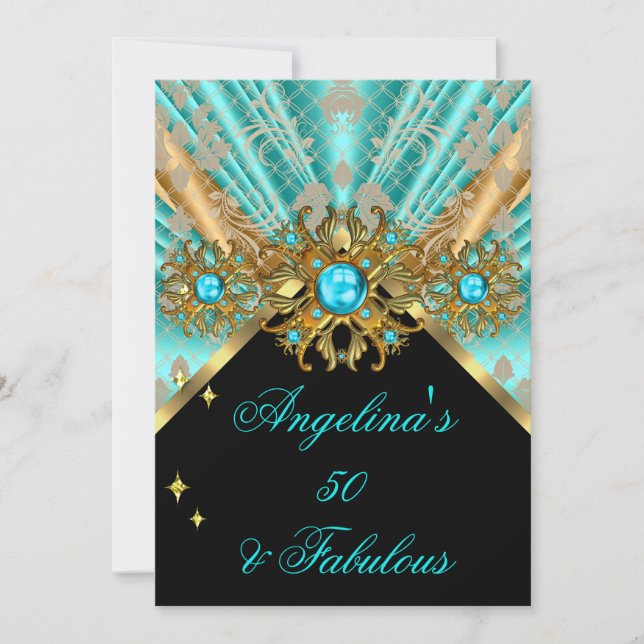 Fabulous 50 Teal Blue Guld Black Damask Birthday 2 Inbjudningar (Framsida)