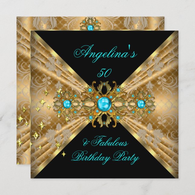 Fabulous 50 Teal Blue Guld Black Damask Birthday Inbjudningar (Fram/baksida)