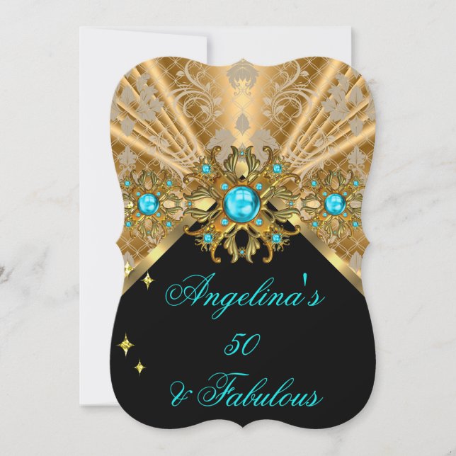 Fabulous 50 Teal Blue Guld Black Damask Birthday Inbjudningar (Framsida)