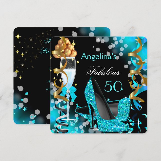 Fabulous 50 Teal Blue Heels Guld Bubbles Party Inbjudningar (Fram/baksida)