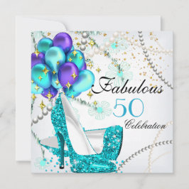 Fabulous 50 Teal Blue Högklackars Blommigt Birthda Inbjudningar