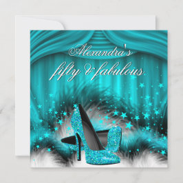 Fabulous 50 Teal Blue Högklackars Feathers Birthda Inbjudningar