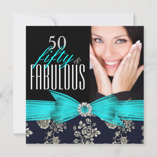 Fabulous 50 Teal Blue Navy Damask Födelsedagsfest Inbjudningar (Framsida)