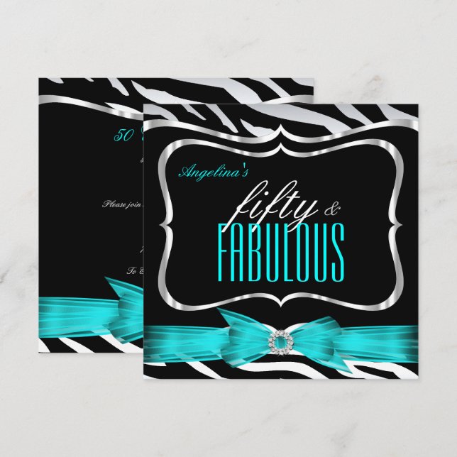 Fabulous 50 Teal Blue Zebra Black Elegant Birthday Inbjudningar (Fram/baksida)