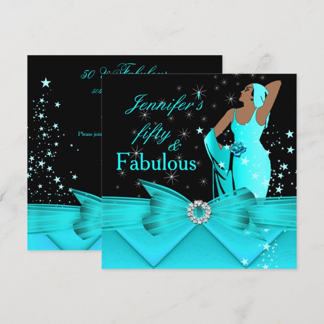 Fabulous 50 Teal Glamous Retro Woman Birthday Inbjudningar (Fram/baksida)