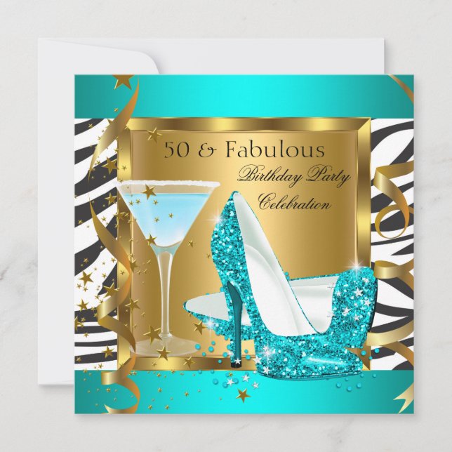 Fabulous 50 Teal Glitter Högklackars Zebra Cocktai Inbjudningar (Framsida)