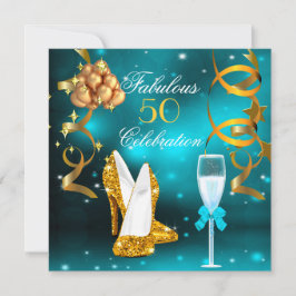 Fabulous 50 Teal Guld High Heel Champagne Party Inbjudningar