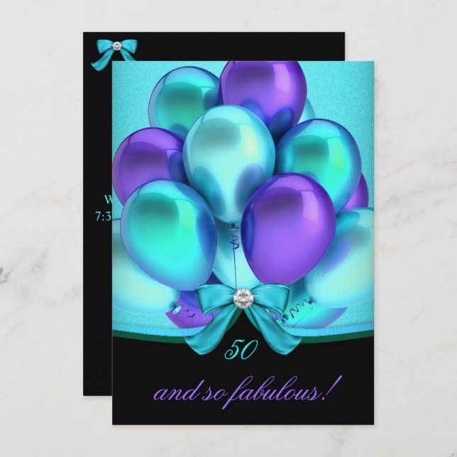 Fabulous 50 Teal Lila Black Balloons Party Inbjudningar (Fram/baksida)
