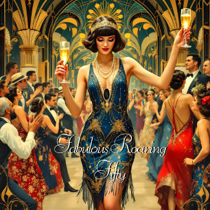 Fabulous 50 th 1920's Art deco Woman Blue Inbjudningar