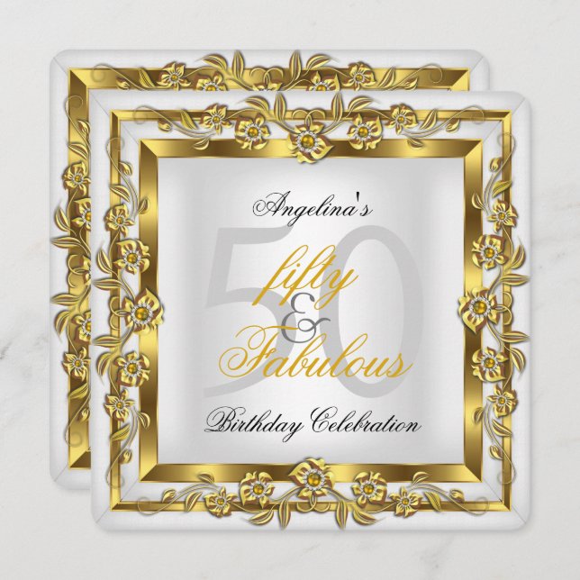 Fabulous 50 White Blommigt Guld Födelsedagsfest Inbjudningar (Fram/baksida)