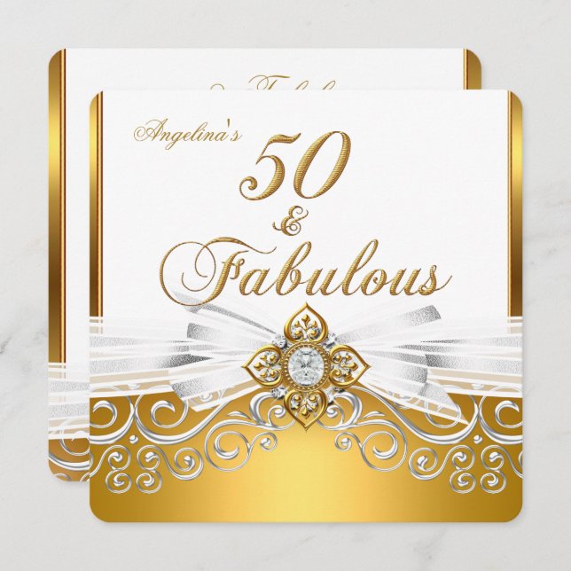Fabulous 50 White Guld Damask Födelsedagsfest Inbjudningar (Fram/baksida)