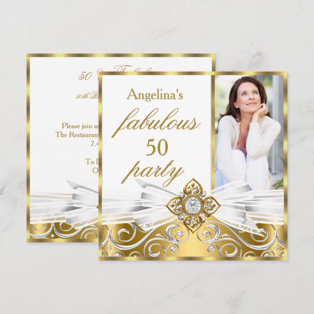 Fabulous 50 White Guld Faux Diamond Photo Birthday Inbjudningar (Fram/baksida)