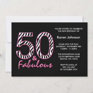 Fabulous 50th Black and Rosa Zebra Birthday Inbjudningar