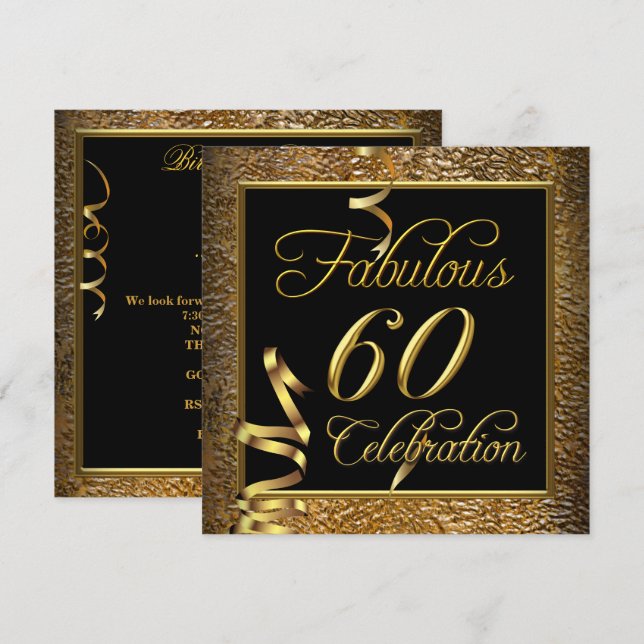 Fabulous 60-årsfirande Guld Svart Födelsedagsfest Inbjudningar (Fram/baksida)