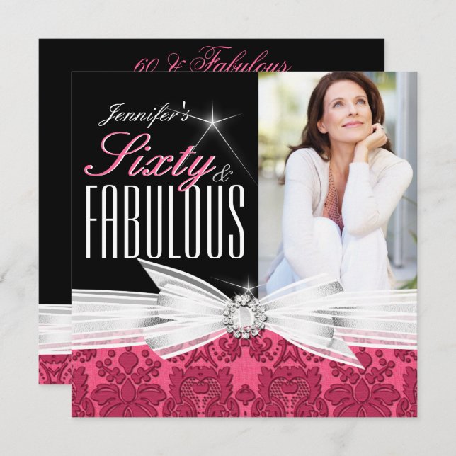 Fabulous 60 Photo Damask Rosa 60:e Födelsedagsfest Inbjudningar (Fram/baksida)