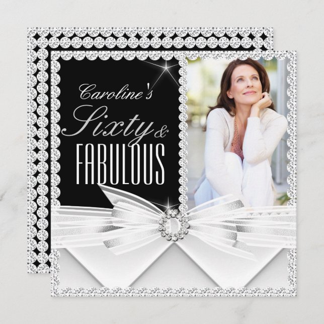 Fabulous 60 Photo Elegant Black White Birthday 2 Inbjudningar (Fram/baksida)