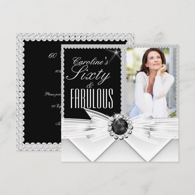 Fabulous 60 Photo Elegant Black White Birthday 3 Inbjudningar (Fram/baksida)